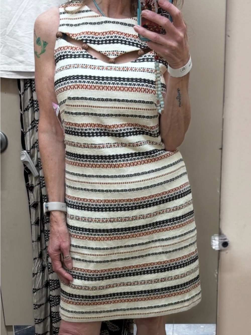Trina Turk Ivory textured tweed Shift Dress with Black & Rust Stripe Detail